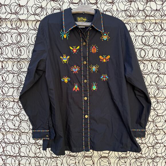 Bob Mackie Wearable Art Bug Embroidered Black Long Sleeve Button Front Shirt LG - Picture 1 of 11